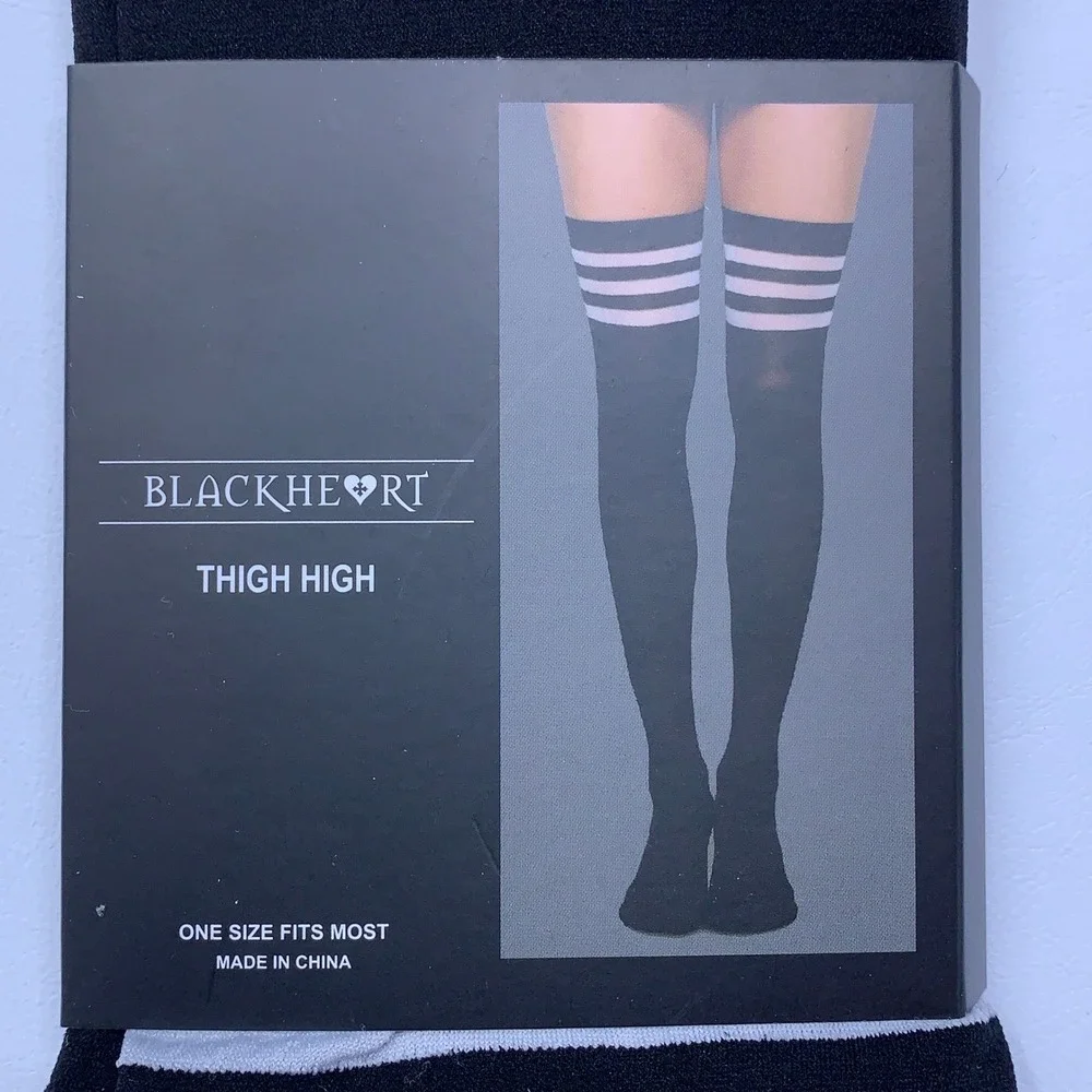 Blackheart Womens OS Black White Varsity Stripe Thigh High Socks NWT